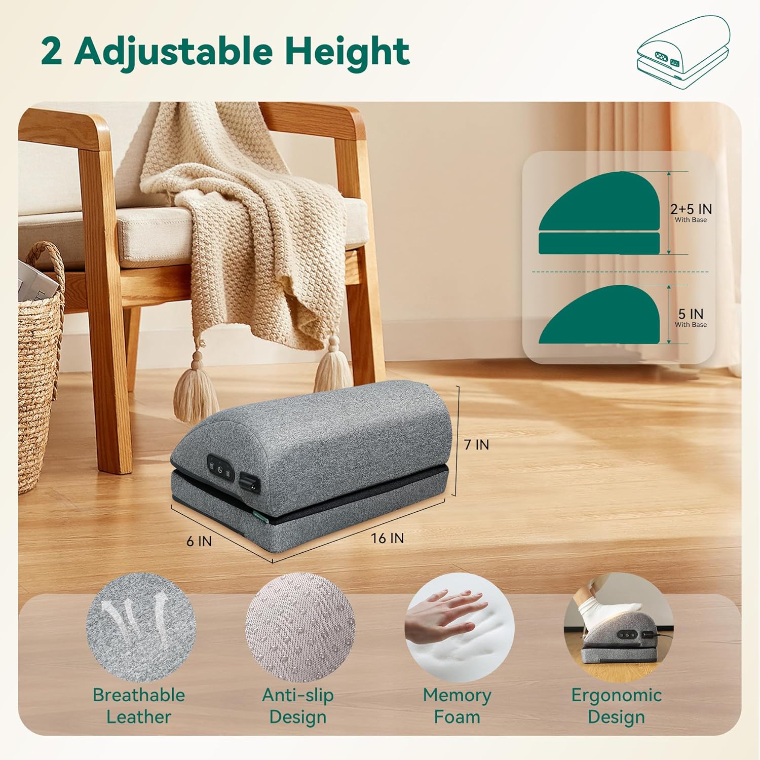 Heated Foot Rest Under Desk at Work, Desk Foot Stool with Heat & Vibration Massage, Adjustable Height, 2 Heat Levels Foot Warmer